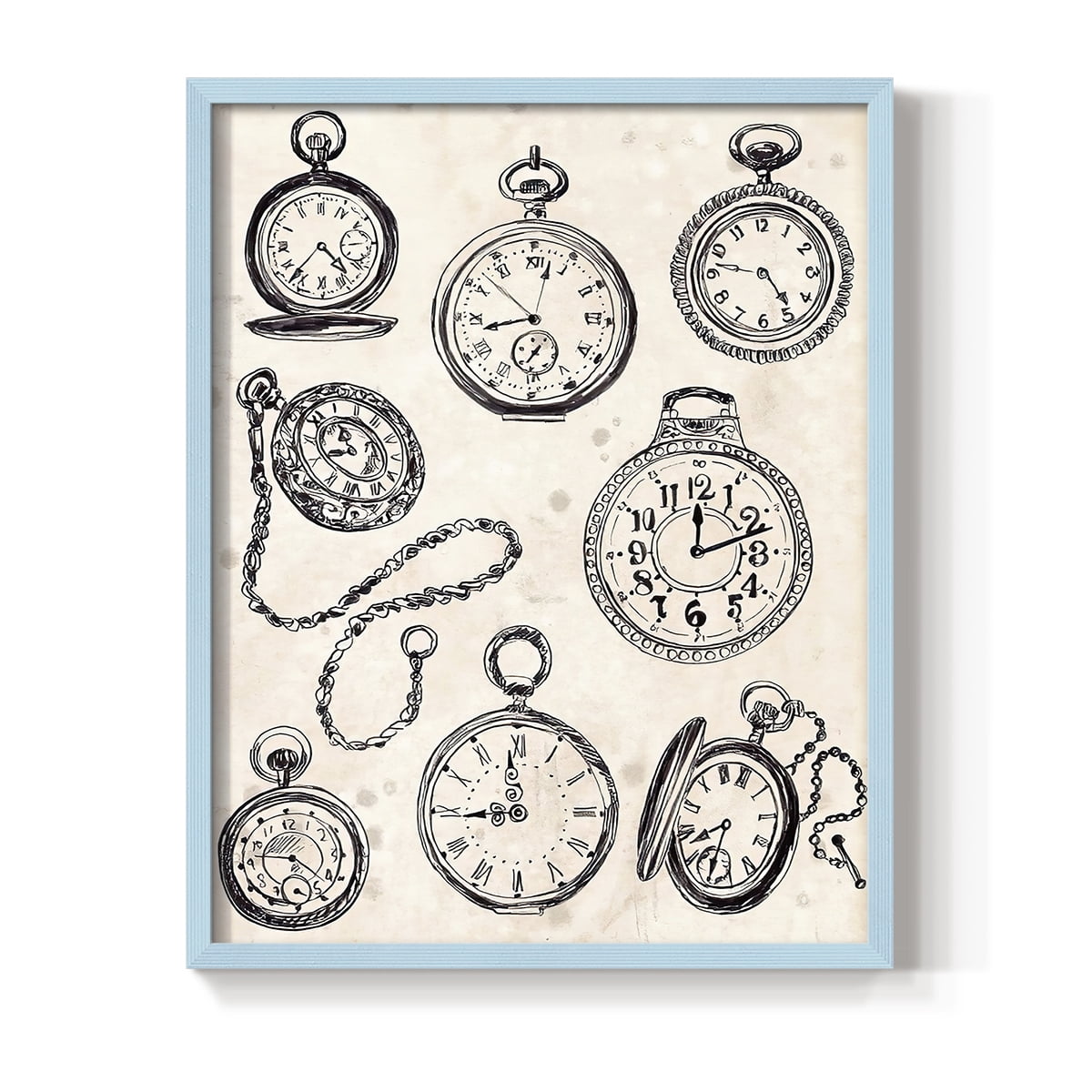 Pocket Watch Sketches II in Blue Solid Wood 8 x 10 Framed Print