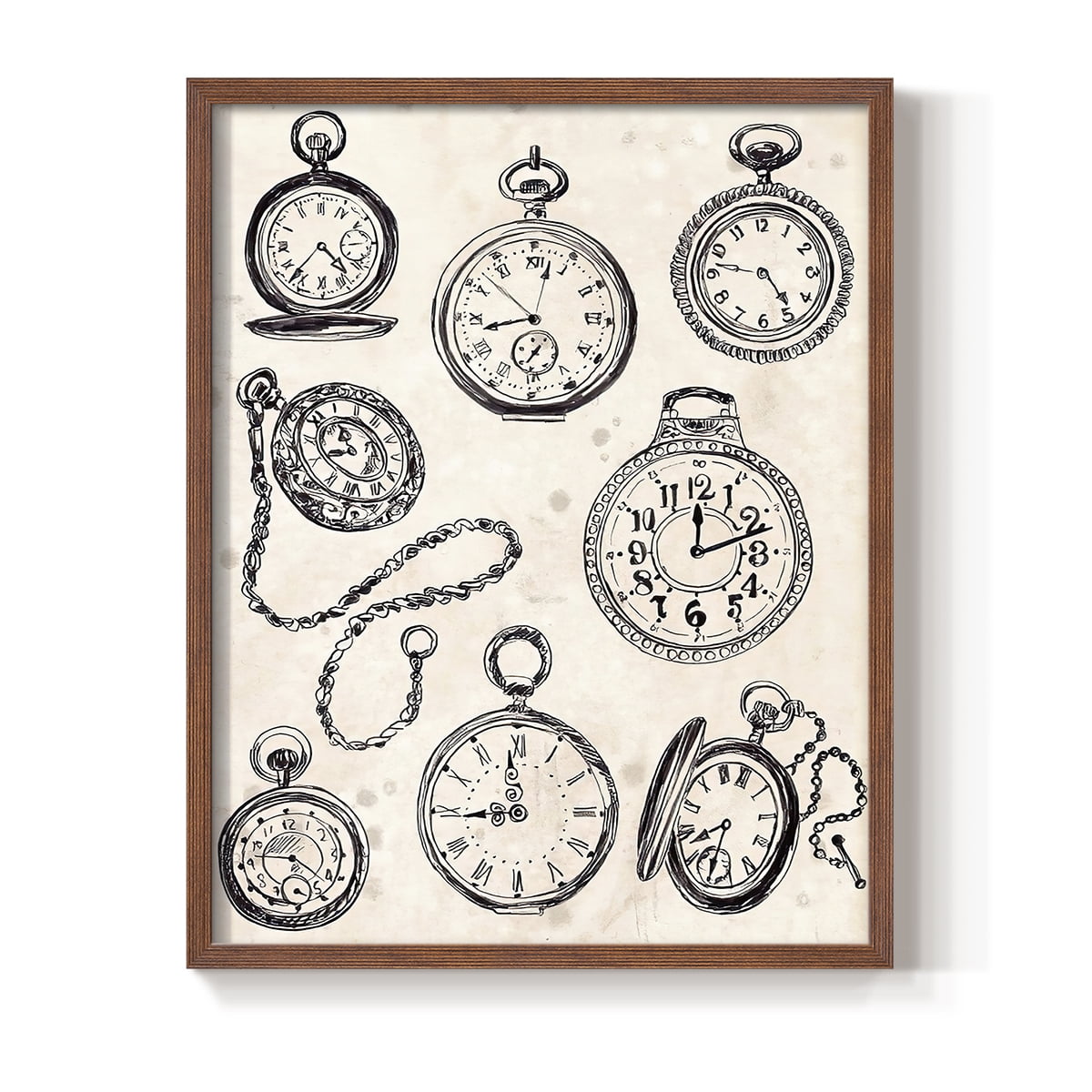 Pocket Watch Sketches II in Brown Solid Wood 11 x 14 Framed Print