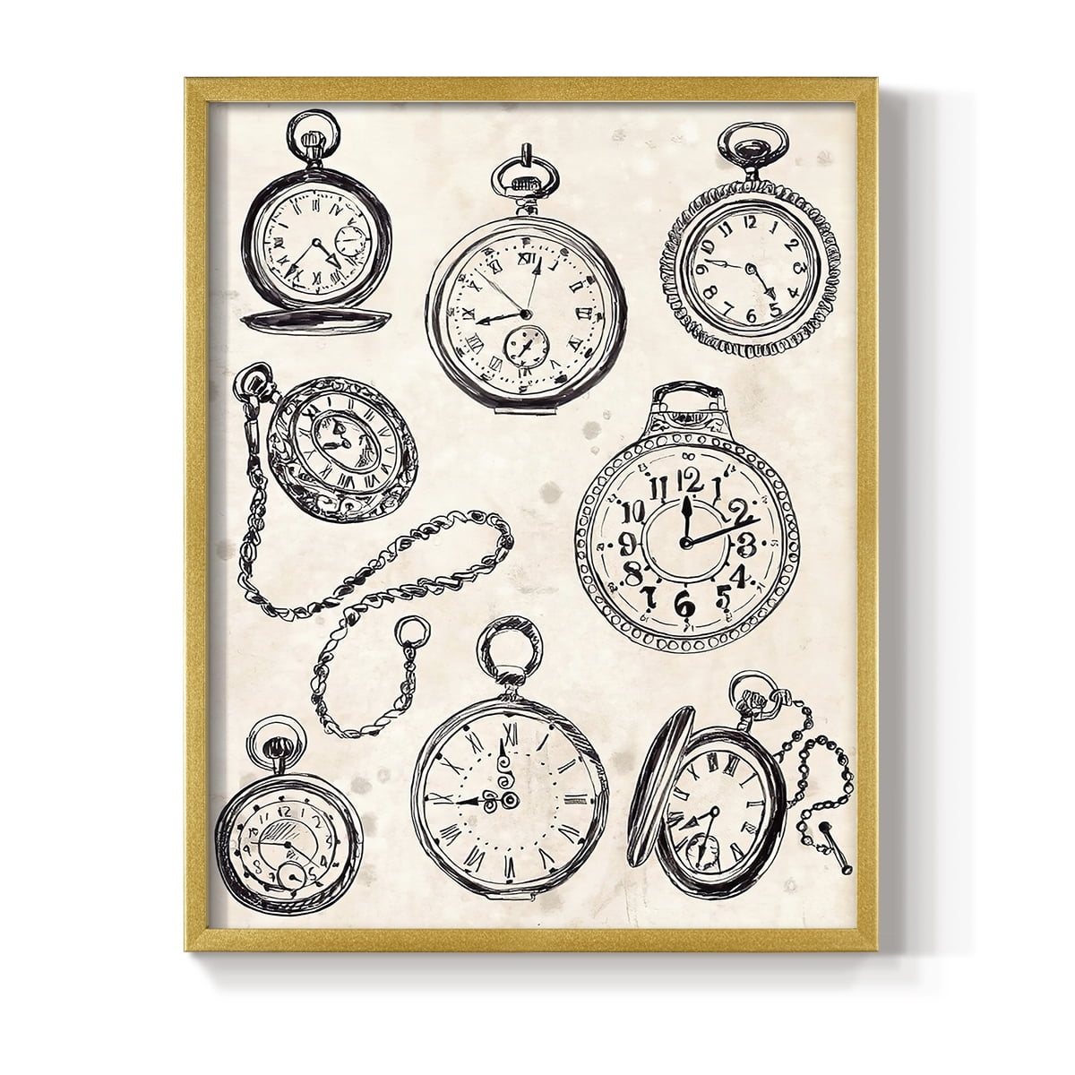 Pocket Watch Sketches II in Gold Solid Wood 22 x 28 Framed Print