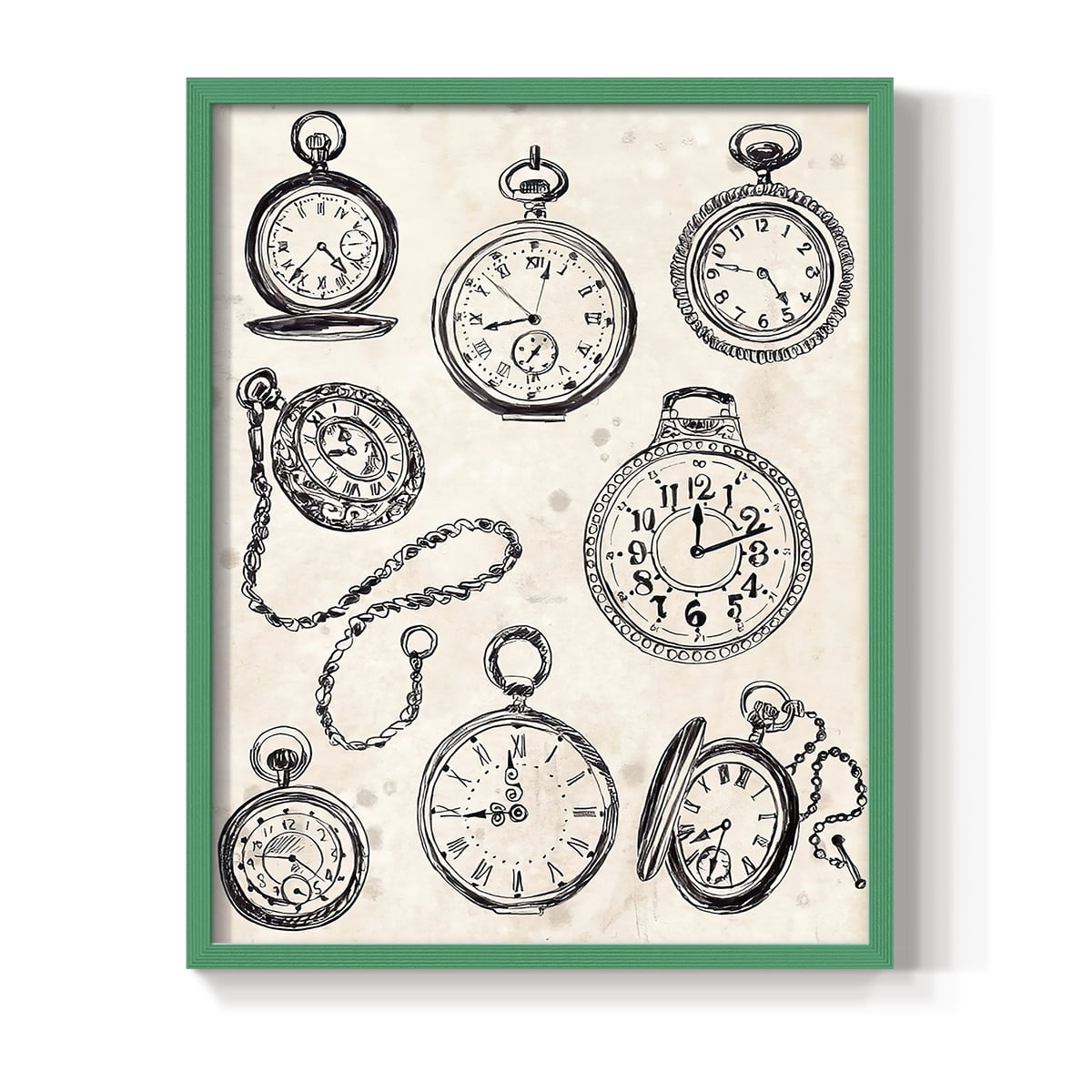 Pocket Watch Sketches II in Green Solid Wood 11 x 14 Framed Print