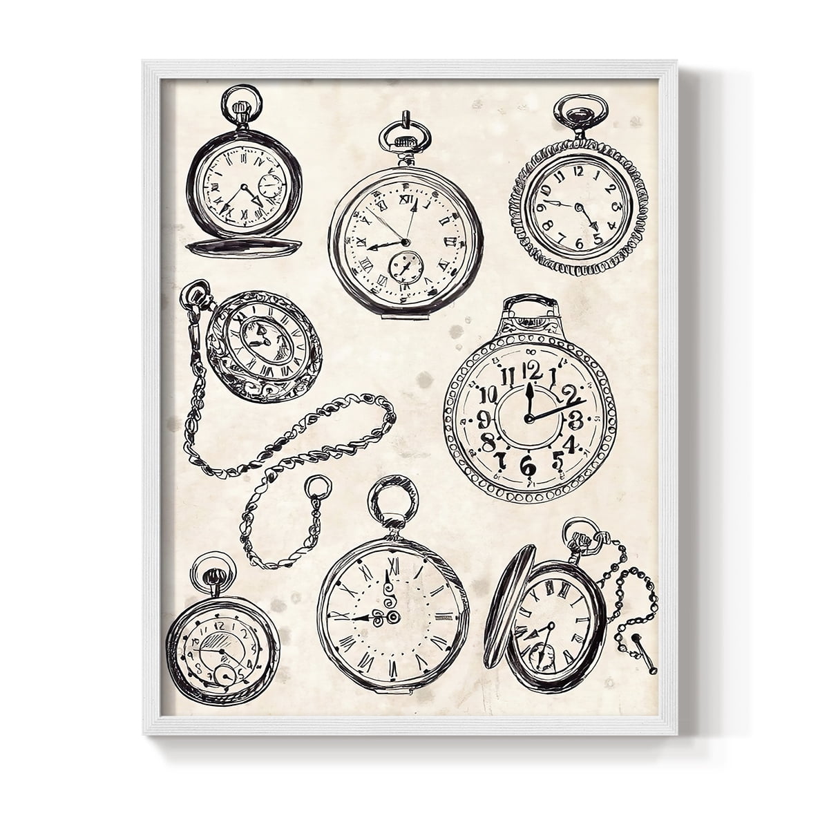 Pocket Watch Sketches II in White Solid Wood 8 x 10 Framed Print
