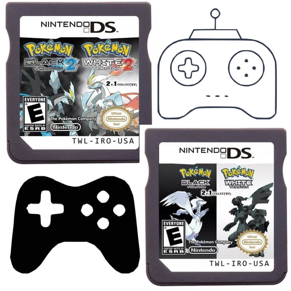 Pocket black 1and white 1 & black 2 and white 2 NDS game（2 pcs）set US Version,Cartridge