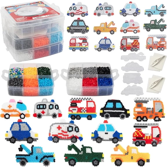 Fuse Beads 8,000pc Rescue Vehicles w Carrier CASE-18 Colors, 12 Unique Templates, 3 Peg Boards, 2 Tweezers, Melt Iron Paper- Car Truck Bulk Art Craft Project, Birthday Party Gift, School Activity