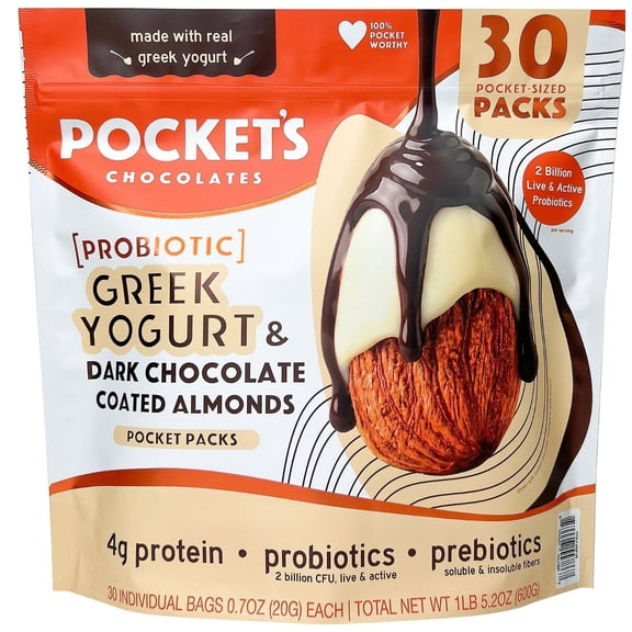 Pocket's Probiotic Greek Yogurt & Dark Chocolate Coated Almonds, 30 Count Snack Packs