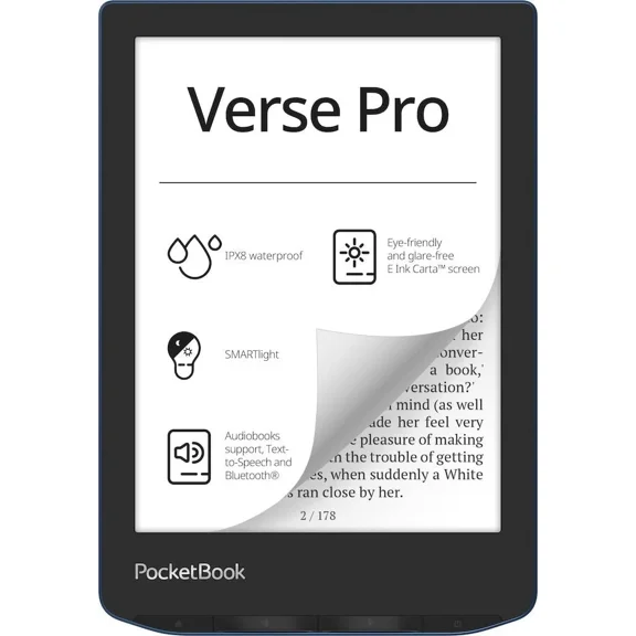 PocketBook Verse Pro E-Reader Waterproof | Eye-Friendly 6'' E-Ink Carta HD Touchscreen | Audio-Book & E-Book Reader | Text-to-Speech Function | SMARTlight | 16GB | WiFi & Bluetooth | Azure
