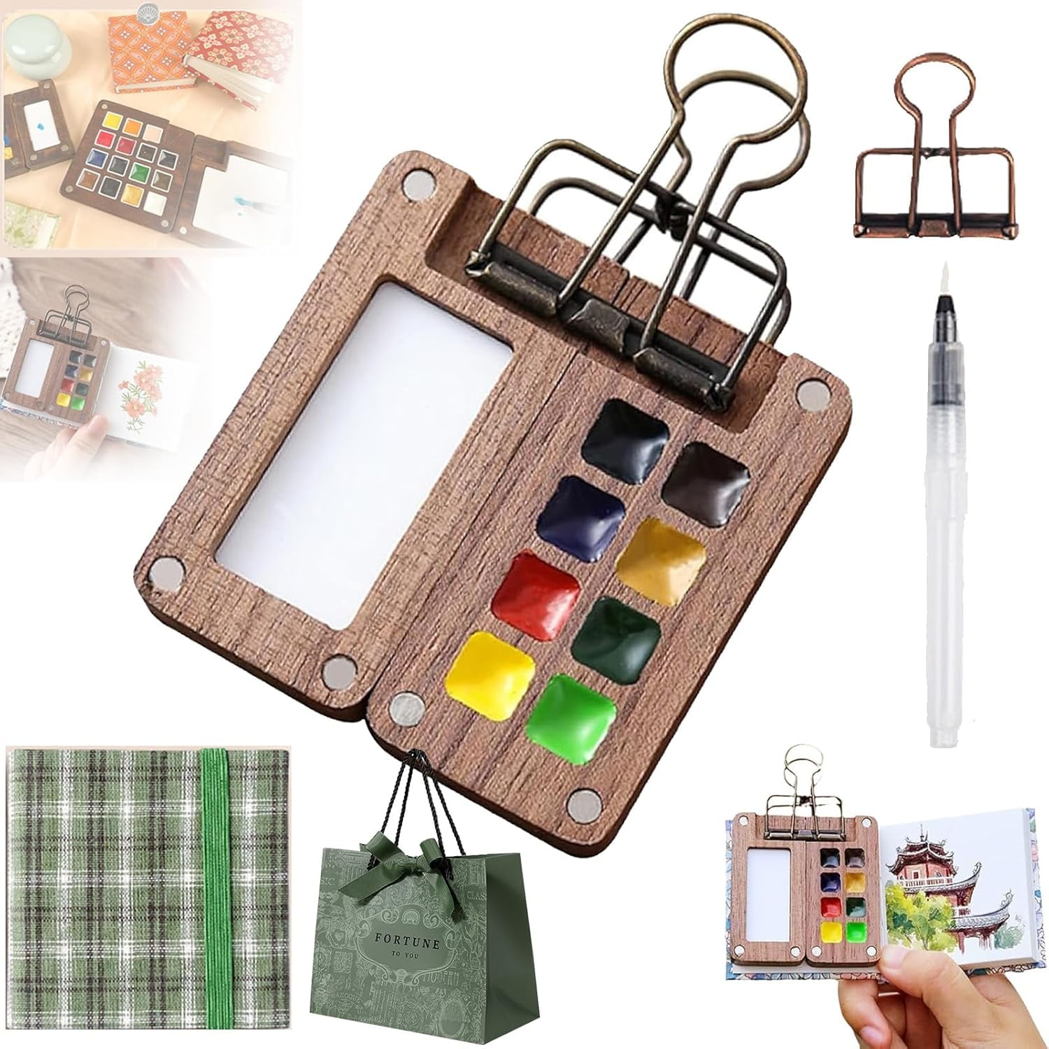 Mini Travel Watercolor Set - 18 Colors, Wooden Palette, Sketchbook & Brushes, Portable Art Kit For Artists (Pink)