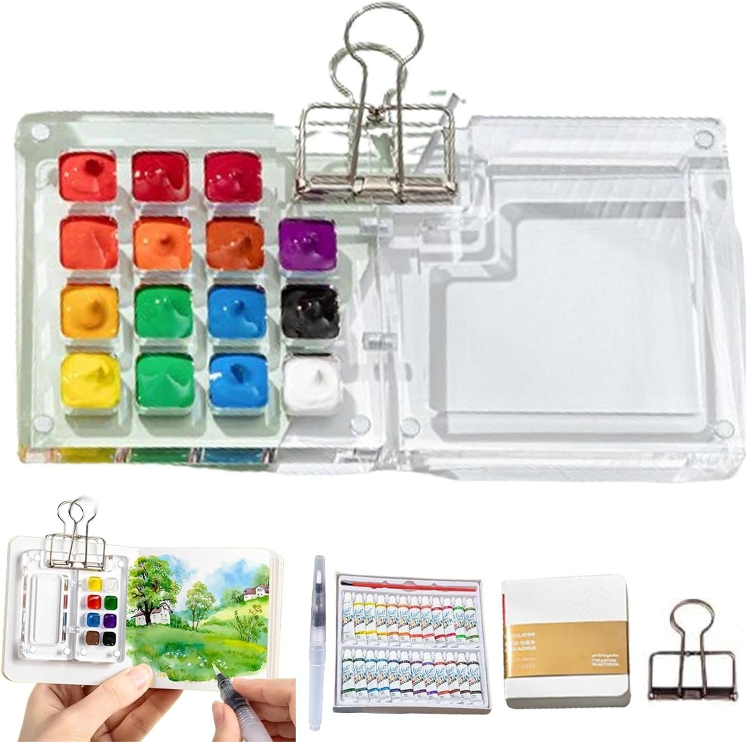 Nano Palette Aquarelle - Kit Complet De Voyage Avec Carnet, Pinceau Et Pinces - Palette 8 Ou 15 Couleurs