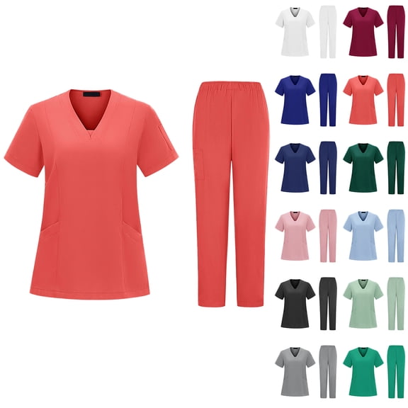 Pocketed Nurse Scrubs Set, Short Sleeve V-Neck Top & Pants with Ample Storage, Organized Uniform for Healthcare Professionals Light Blue XL