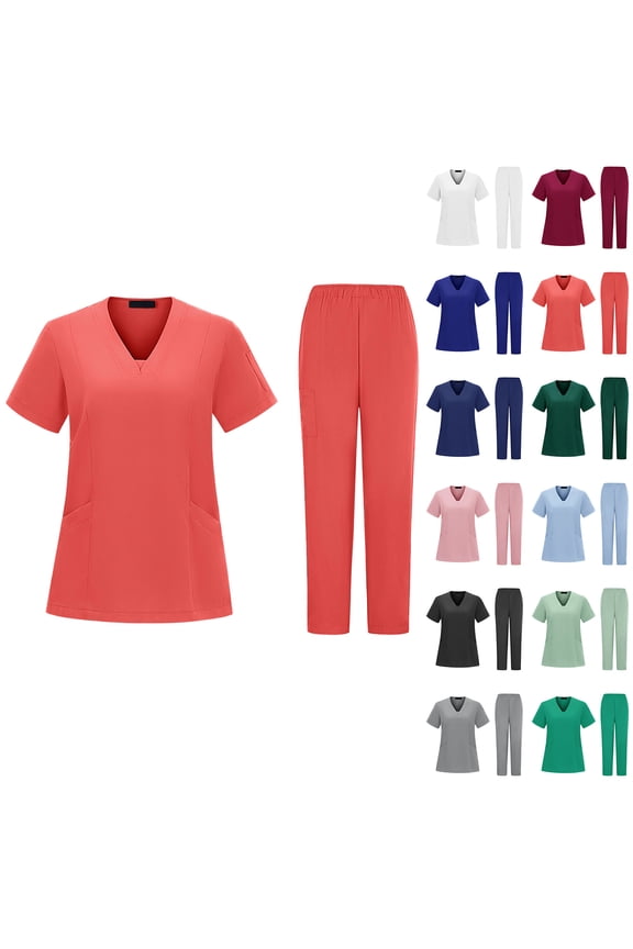 Pocketed Nurse Scrubs Set, Short Sleeve V-Neck Top & Pants with Ample Storage, Organized Uniform for Healthcare Professionals Navy M