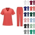 thumbnail image 1 of Pocketed Nurse Scrubs Set, Short Sleeve V-Neck Top & Pants with Ample Storage, Organized Uniform for Healthcare Professionals Vermilion S, 1 of 5