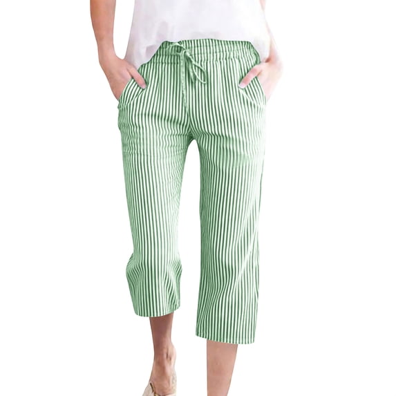 Pockets Women's Striped Capri Pants Cotton Linen Drawstring Elastic Waist Casual Trousers Soft Comfortable Wear for 2026 Spring Summer Daily Wear