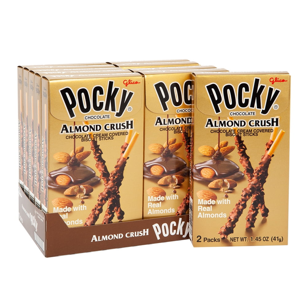 Pocky Almond Crush Chocolate Biscuit Sticks, Japanese Snack Treat, Crunchy Almond Coated Sticks, 10 Count,( 1.45 oz Each)