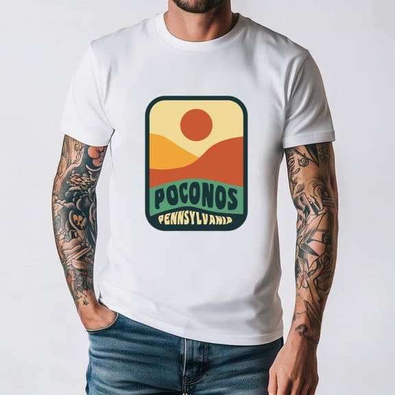Pocono Mountains Pennsylvania Retro Sunset Travel Souvenir Badge Unisex T-Shirt, for men & women, up to size 5XL.