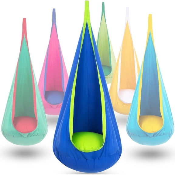 Pod Swing Seat, Hanging Hammock Chair Swing with Inflatable Pillow, Sensory Swing Chair with Pocket for Outdoor and Indoor (Blue and Green)