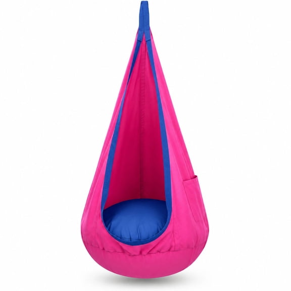 Pod Swing Seat with Inflatable Pillow and Storage Pocket, Pink and Blue Cotton Hammock Chair for Indoor and Outdoor Use