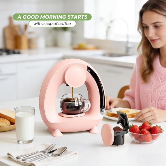 Pod and Grounds Single-Serve Coffee Maker, 2 in 1 One Cup Coffee Machine Compatible with K-Cup Pod & Coffee Grounds/Tea, Compact Design, 4-8oz, Pink