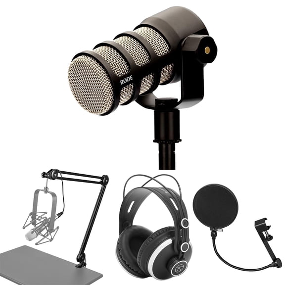 Rode PodMic Dynamic Podcasting Microphone Bundle with H&A Versa Pro Field and Studio Monitor Headphones, H&A Broadcast Arm with Internal Springs, Pop Filter