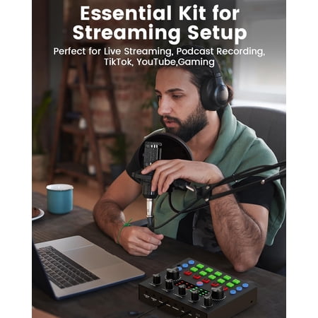 Podcast Equipment Bundle for 2, All-in-One Audio Interface with Studio Condenser Microphone Perfect for Podcasting, Recording, Singing, Streaming and Gaming, PC, Smartphone, YouTube, TikTok$$Music