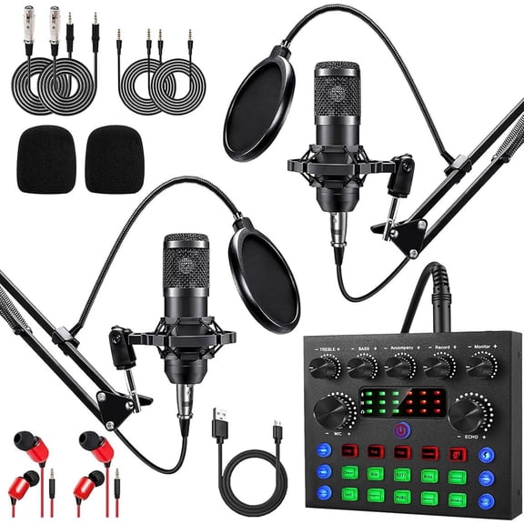Podcast Equipment Bundle For 2,  Audio Interface with Cardioid Designer BM800 Mic for Gamer and -In- DJ Mixer,  for Live Streaming, Singing, YouTube, Gaming