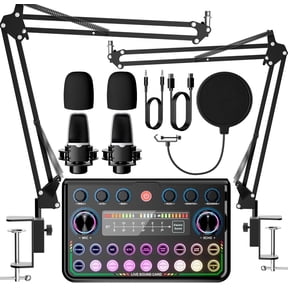Podcast Equipment Bundle for 2,Audio Interface with Podcast Microphone for Smartphone & PC,-in- DJ Mixer,Plug-and-Play, for Streaming, Singing, YouTube & Gaming