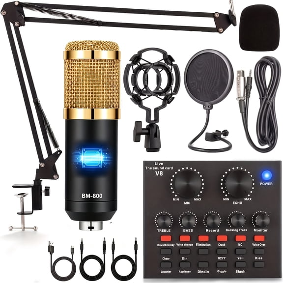 Podcast Equipment Bundle for 2, Audio Interface with Voice Changer Condenser Microphone for Gamer, All-in-One Audio Mixer Perfect for Live Streaming, Singing, Gaming