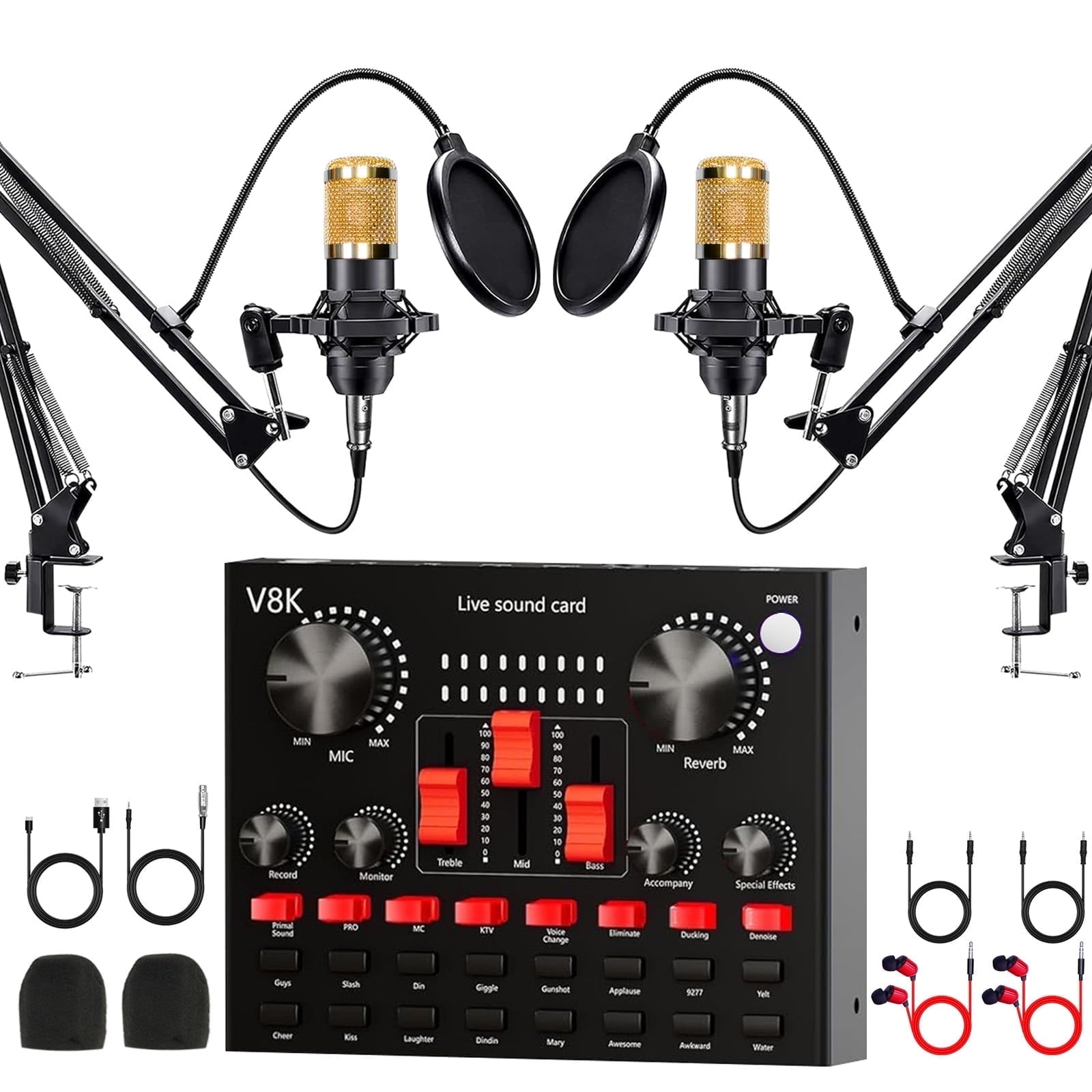 Podcast Equipment Bundle for 2, V8K Live Sound Card with BM800