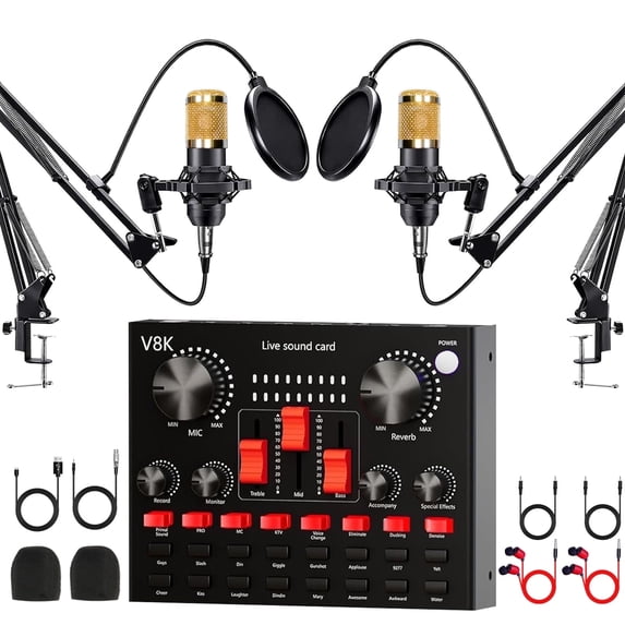 Podcast Equipment Bundle, 2 Audio Interface with BM800 Microphone, Perfect for Live Streaming, Singing