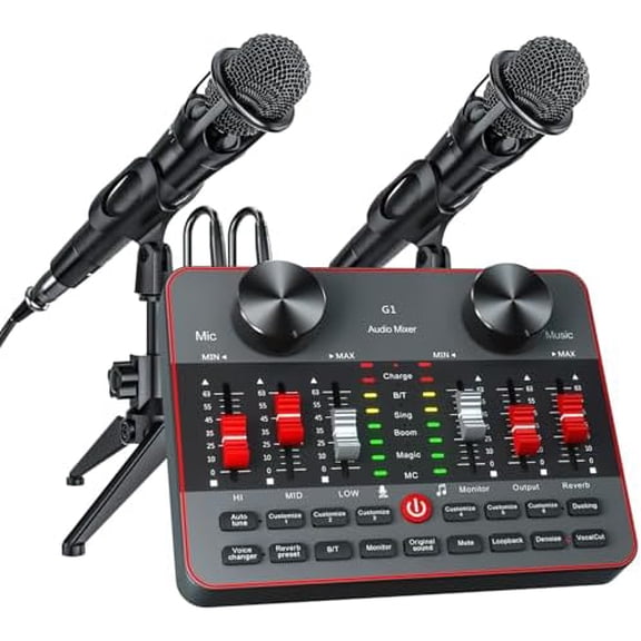 Podcast Equipment Bundle for 2 Mic Tiktok Video Content Creator Kit, Audio Interface DJ Mixer Sound Card/Board Condenser Microphone for Studio Smartphone/PC/Laptop Broadcast Recording/Live Stream