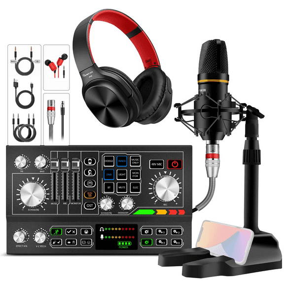 Podcast Equipment Bundle ALL-IN-ONE Audio Interface DJ Mixer 48V Phantom Power Supply Microphone System with Rechargeable