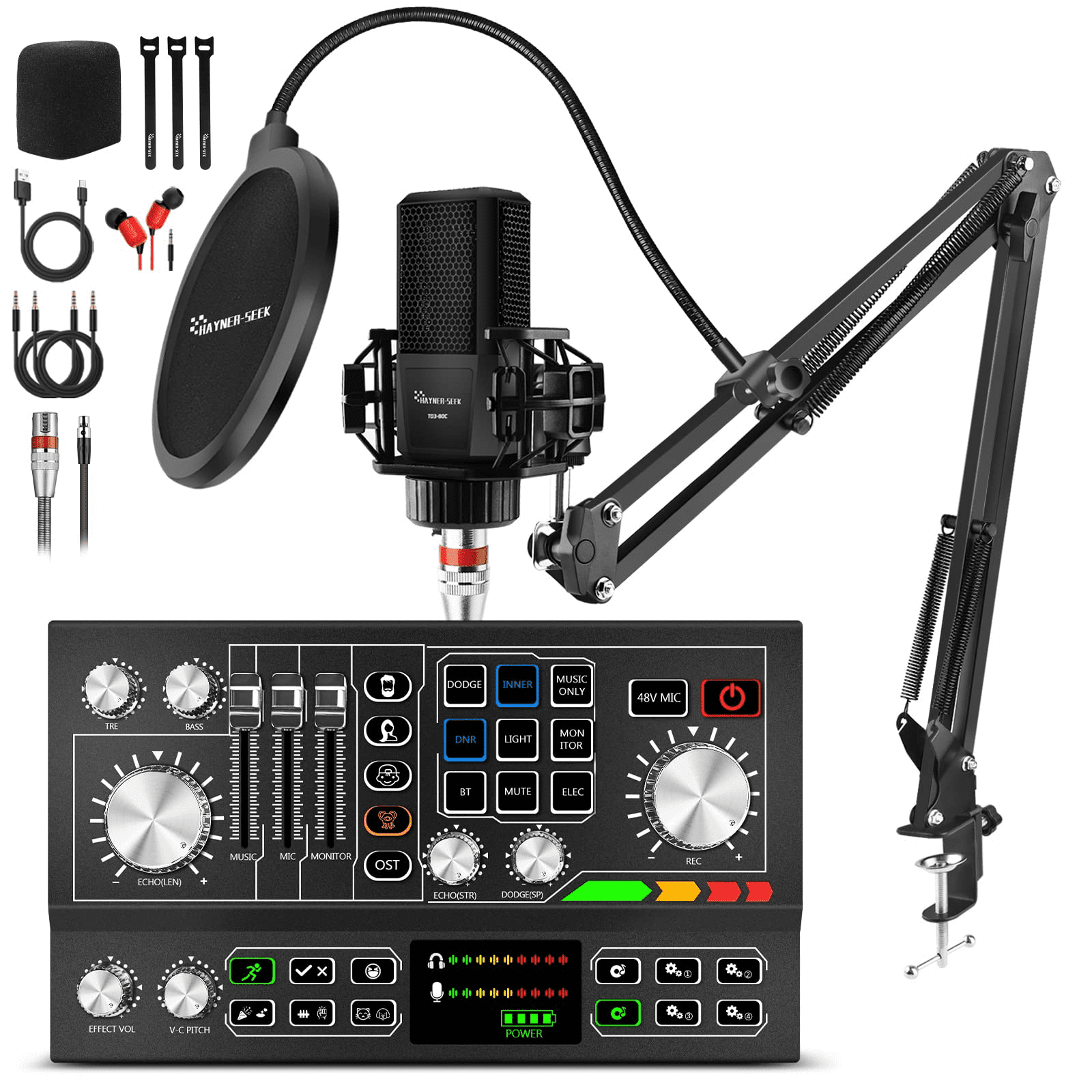 Podcast Equipment Bundle Aluminum Shell with 48V Condenser Microphone 25mm Diaphragm Studio Sound DJ Mixer ALL-IN-ONE Audio Interface For PC/Phone/Tablet, Live-Streaming/Podcasting/Recording/Gaming