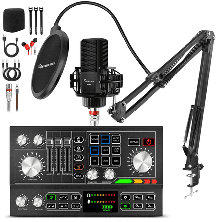 Podcast Equipment Bundle Aluminum Shell with 48V Condenser Microphone 25mm Diaphragm Studio Sound DJ Mixer ALL-IN-ONE Audio Interface For PC/Phone/Tablet, Live-Streaming/Podcasting/Recording/Gaming