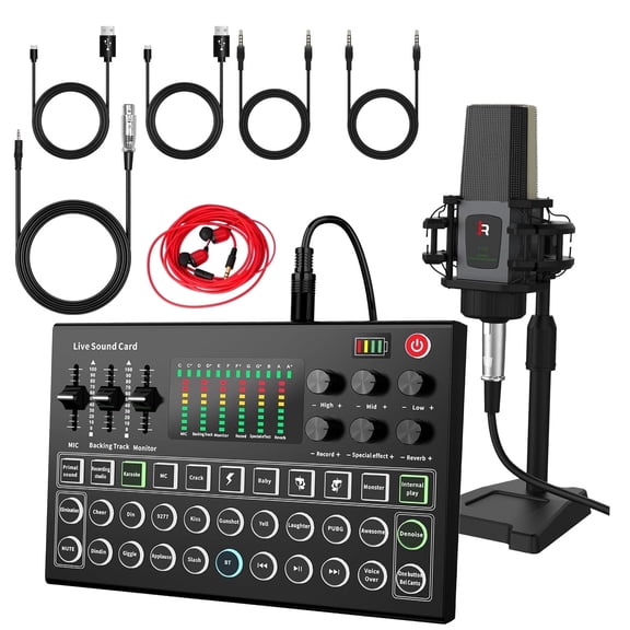 Podcast Equipment Bundle, Audio Interface DJ Mixer with Microphone, M9 Changer with T118 Podcast Microphone Bundle, Studio Equipment for Podcasting, Recording, Singing, Streaming