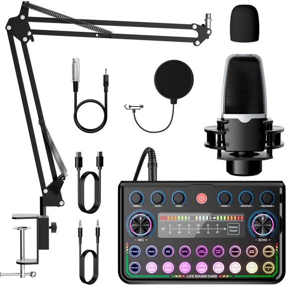 Podcast Equipment Bundle,Audio Interface with Studio Condenser Microphone for Smartphone & PC,Plug-and-Play Live Sound Card, for Streaming, Singing, YouTube & Gaming