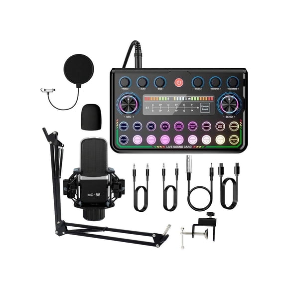 Podcast Equipment Bundle With Audio Interface, Voice Changer Condenser Microphones for Gamer, Karaoke Mic, Mic Stand and Pop Filter, Streaming Podcast Mic Starter Kit