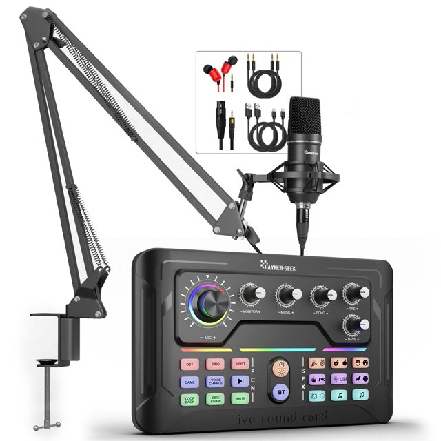 Podcast Equipment Bundle, Audio Interface with DJ Mixer and Condenser