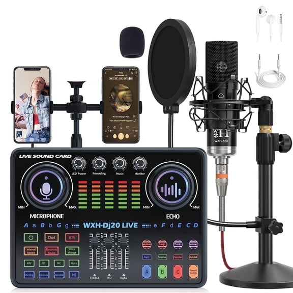 Podcast Equipment Bundle, BAOKALER 48V XLR Large Diaphragm Condenser Microphone with Live Sound Card, Condenser Microphone Bundle for Studio Recording & Broadcasting