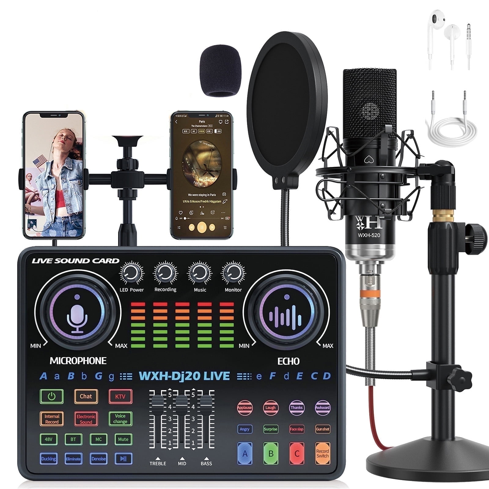 Podcast Equipment Bundle, BAOKALER 48V XLR Large Diaphragm Condenser Microphone with Live Sound Card, Condenser Microphone Bundle for Studio Recording & Broadcasting