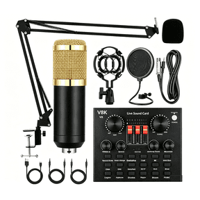 Podcast Equipment Bundle BM-800 Condenser Mic Kit with V8K Sound Card & Voice Changer for Streaming, Home Studio, YouTube, Voice-overs, Professional Recording on Laptops