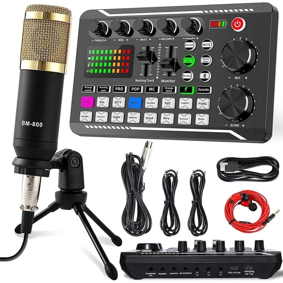 Podcast Equipment Bundle, Condenser Microphone with Tripod Stand and Professional Audio Mixer for Studio Recording Vocals, Voice Overs, Streaming Broadcast and YouTube Videos