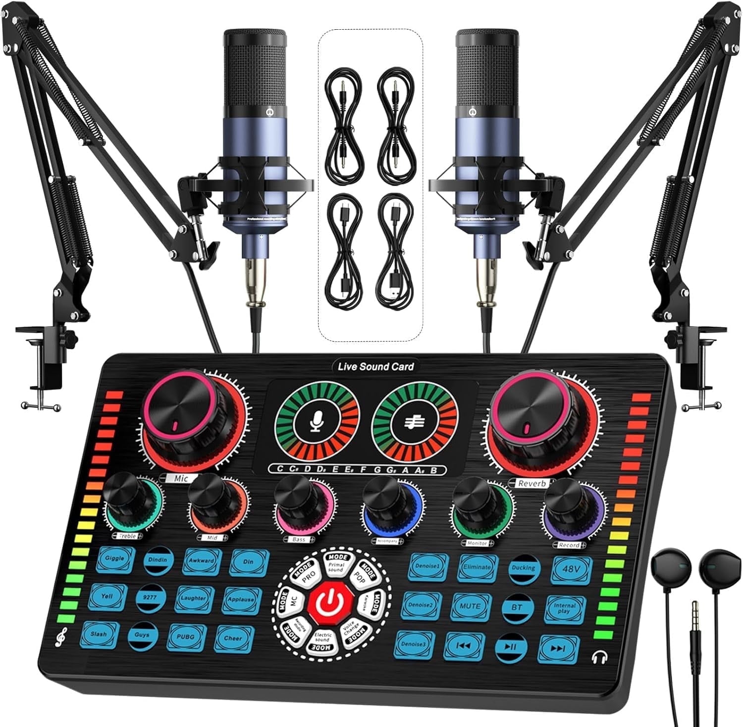 Podcast Equipment Bundle, Q7 Live Sound Card with 2 F11 Condenser Microphones for Singing Broadcast, Live Streaming, Gaming