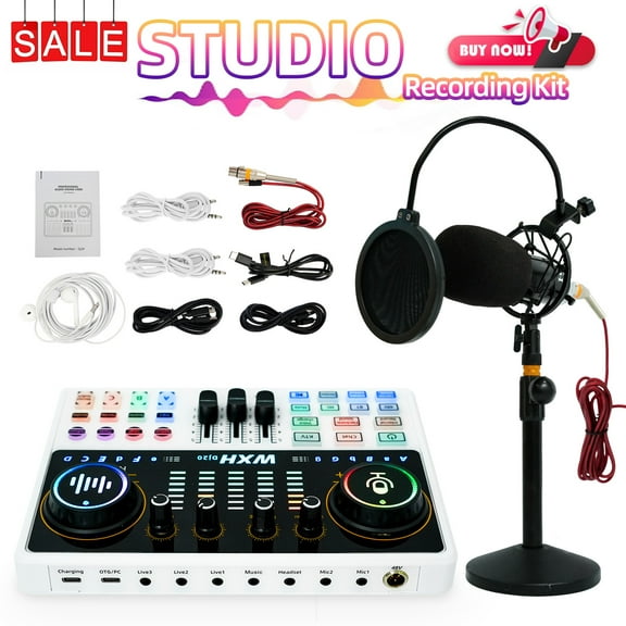 Podcast Equipment Bundle, Recording Studio Package Perfect for Recording, Broadcasting, Live Streaming, DJ20 Voice Changer with WXH520 Microphone, White
