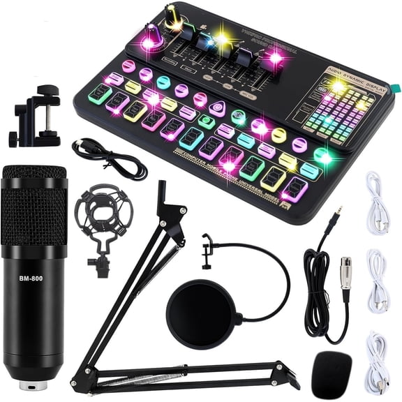 Podcast Equipment Bundle, V10XPRO Audio Interface Live Sound Card with BM800 Condenser Microphone, Voice Changer, Recording Studio Equipment for Streaming Podcasting Gaming, for YouTube Twitch