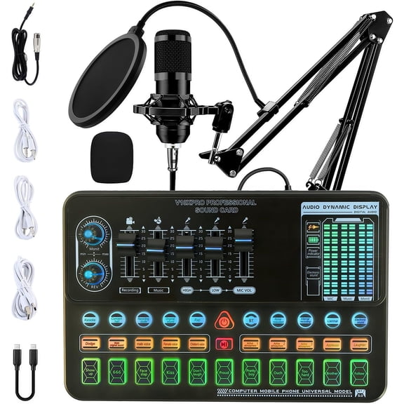 Podcast Equipment Bundle, V10XPRO Audio Interface Live Sound Card with BM800 Condenser Microphone, Voice Changer, Recording Studio Equipment for Streaming Podcasting Gaming, for YouTube Twitch