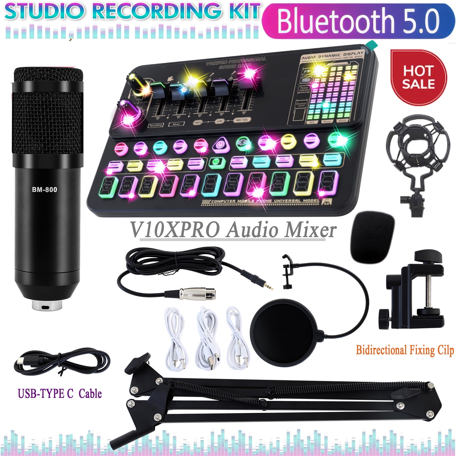 Podcast Equipment Bundle W/V10XPRO Sound Card, BM800 Condenser Microphone Bundle for YouTube TikTok Live Streaming Vlog, Recording Studio Package with Voice Changer, Bluetooth 5.0, Black