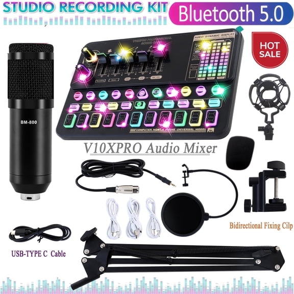 Podcast Equipment Bundle W/V10XPRO Sound Card, BM800 Condenser Microphone Bundle for YouTube TikTok Live Streaming Vlog, Recording Studio Package with Voice Changer, Bluetooth 5.0, Black