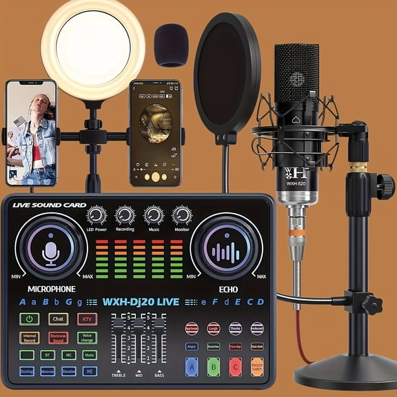 Podcast Equipment Bundle, WXH520 Podcast Microphone with Voice Changer, Dj20 Sound Card with Audio Interface, Adjustable Stand Suitable for Podcasting, PC, Smart Phone, Singing, Gaming