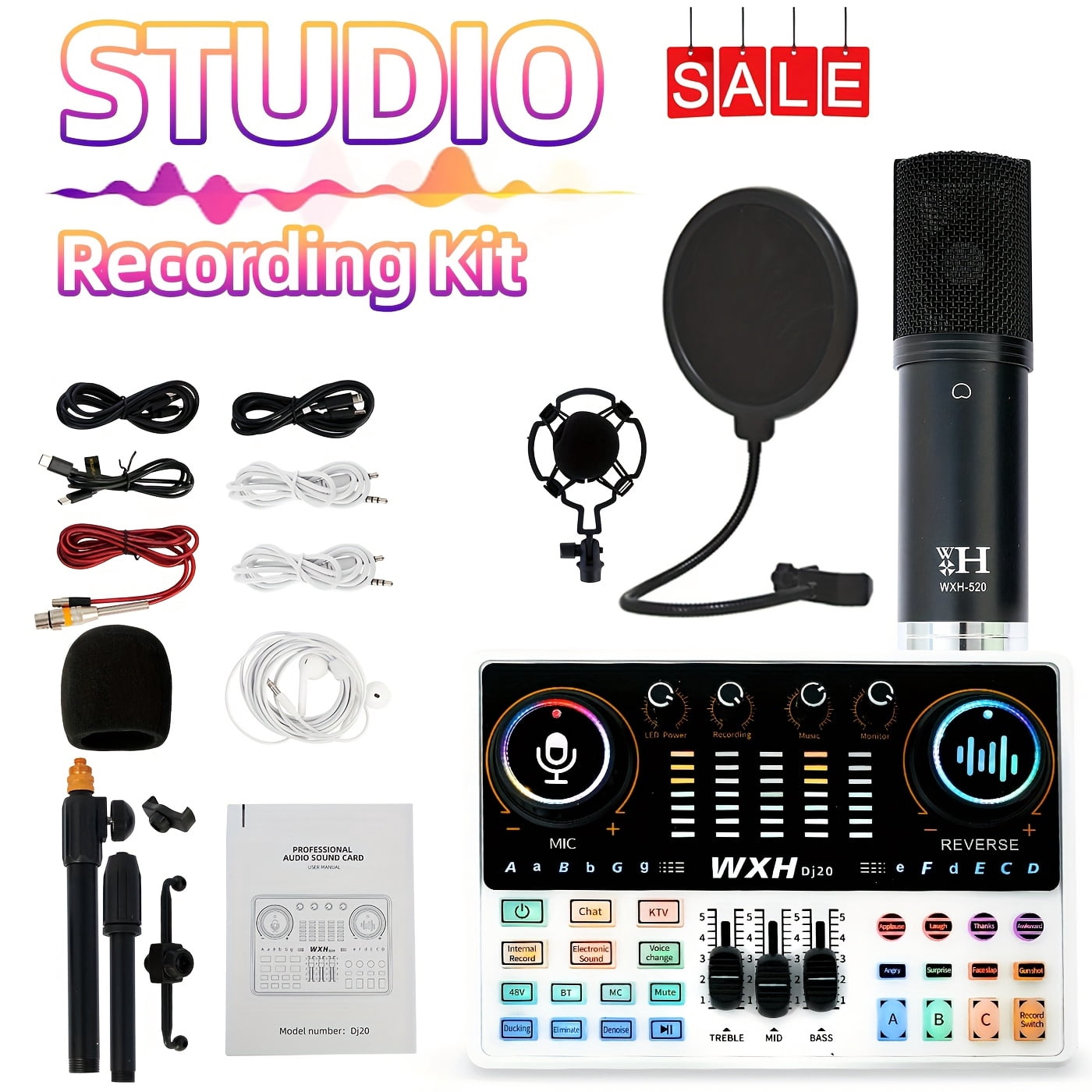 Podcast Equipment Bundle XLR Large Diaphragm Condenser Microphone with Live Sound Card Condenser Microphone Bundle for Studio Recording & Broadcasting