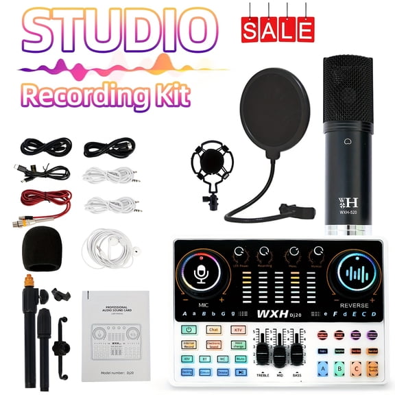 Podcast Equipment Bundle XLR Large Diaphragm Condenser Microphone with Live Sound Card Condenser Microphone Bundle for Studio Recording & Broadcasting