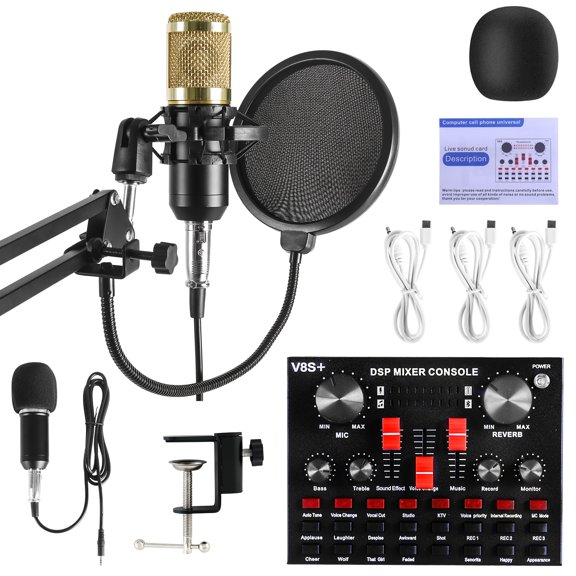Podcast Equipment Bundle XLR Large Diaphragm Condenser Microphone with Live Sound Card Condenser Microphone Bundle for Studio Recording & Broadcasting