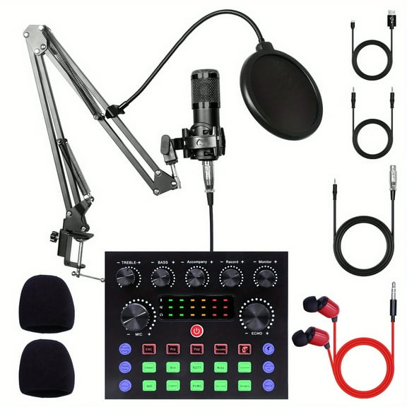 [Podcast Equipment Set] BM800 Condenser Microphone, Podcast Equipment Set - Audio Interface with All-in-one Live Sound Card And Headphones, Perfect for Recording, Broadcasting, Live Streaming